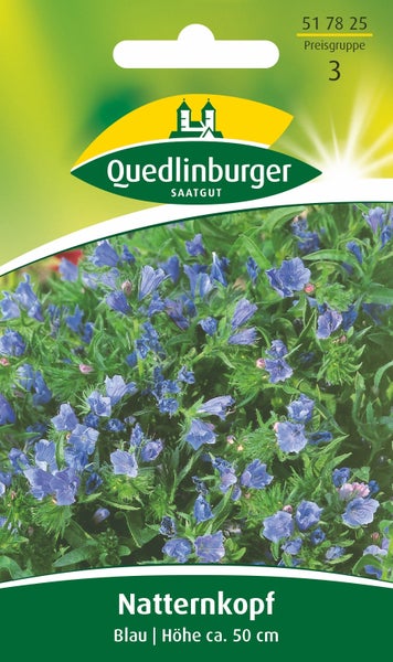 Rückseite der Samenpackung Natternkopf Blau mit Pflanzanleitung, Angaben zur Blütezeit und Symbolen für Aussaat und Keimung.