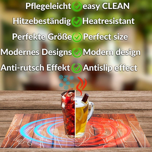 Platzset in Holzoptik mit Besteckmotiven, pflegeleicht, hitzebeständig, modernes Design und Anti-Rutsch-Effekt für heiße und kalte Getränke.