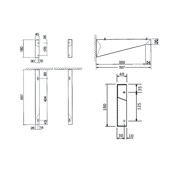Technische Zeichnung einer Wandhalterung mit Abmessungen: Länge 557 Millimeter, Höhe 180 Millimeter, Breite 40 Millimeter.
