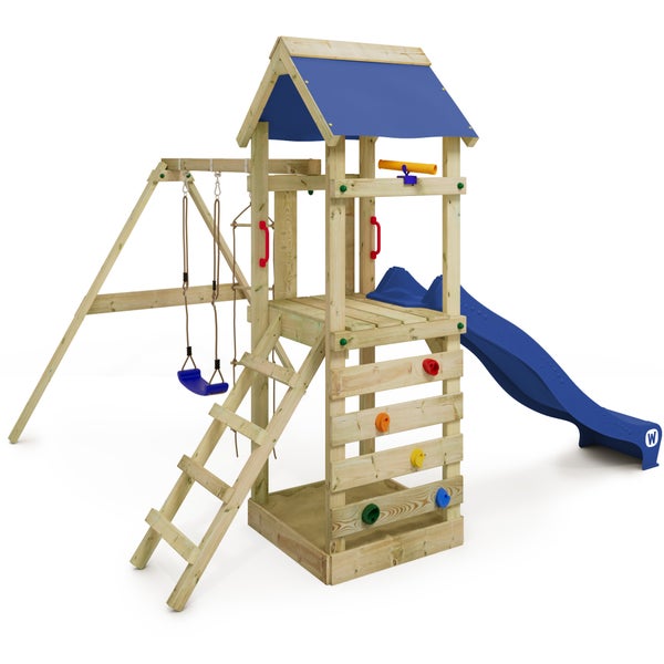 WICKEY Spielturm Klettergerüst FreeFlyer mit Schaukel und Rutsche, Kletterturm mit Sandkasten, Leiter und Spiel-Zubehör - blau