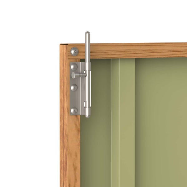 Metall-Bolzenriegel montiert an einem Rahmen mit Schrauben zur Sicherung von Türen oder Toren.