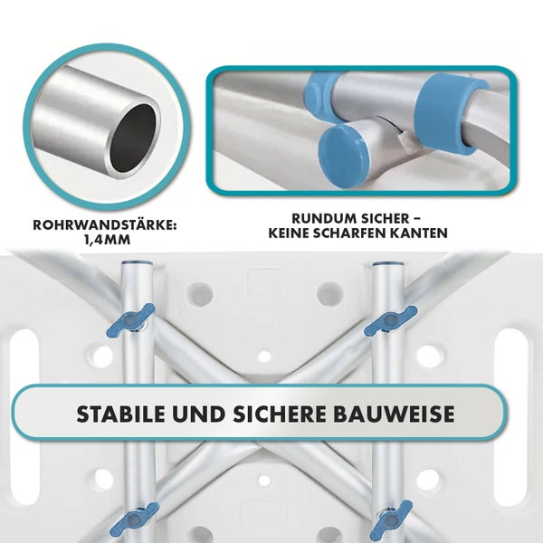 Detailansicht eines Duschhockers mit Fokus auf Rohrstärke, Sicherheit und stabiler Bauweise