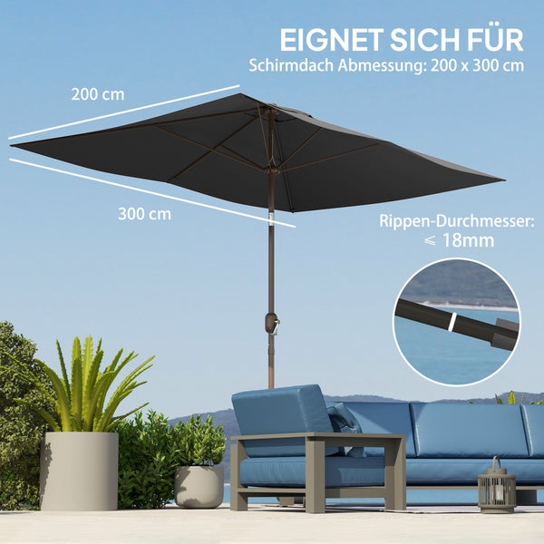 Rechteckiger Sonnenschirm auf Terrasse mit Loungemöbeln, passend für Schirmdächer von 200 mal 300 Zentimeter, Rippendurchmesser unter 18 Millimeter.