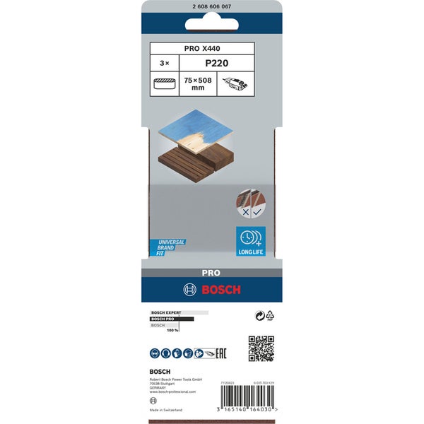 Bosch Pro Schleifblatt Set, Körnung P220, 75x508 mm, 3 Stück