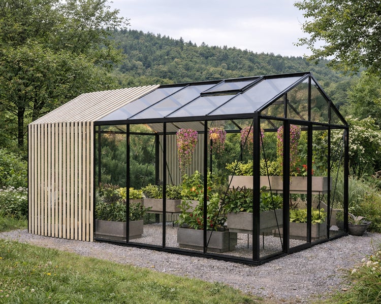 Modernes Gewächshaus mit schwarzem Aluminiumrahmen, Glaswänden und integriertem Holzlamellen-Anbau, bepflanzt mit verschiedenen Gartenpflanzen.