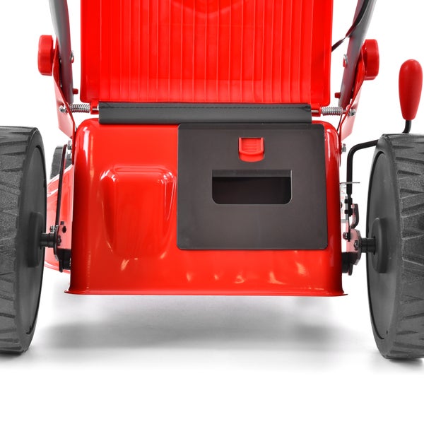 Rückansicht eines Rasenmähers mit Fangkorb