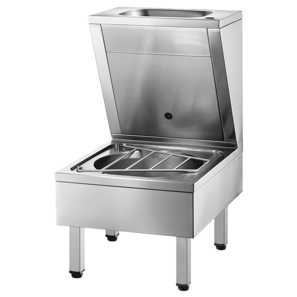 Edelstahl-Ausgussbecken mit Klapprost und vier Standfüßen.