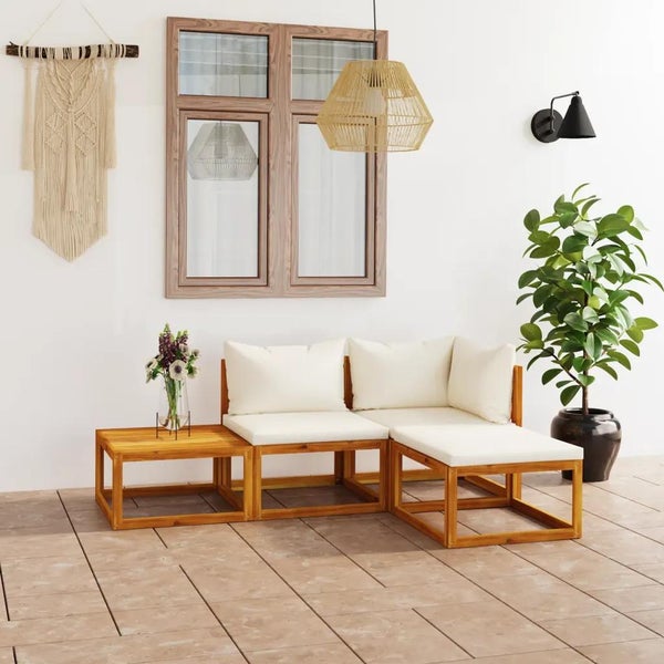 4-tlg. Garten-Lounge-Set mit Auflagen Creme Massivholz Akazie