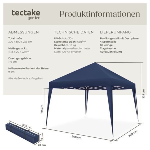 Pavillon tectake Linosa inklusive Spannseile, Heringe und Tragetasche 3 x 3 m blau