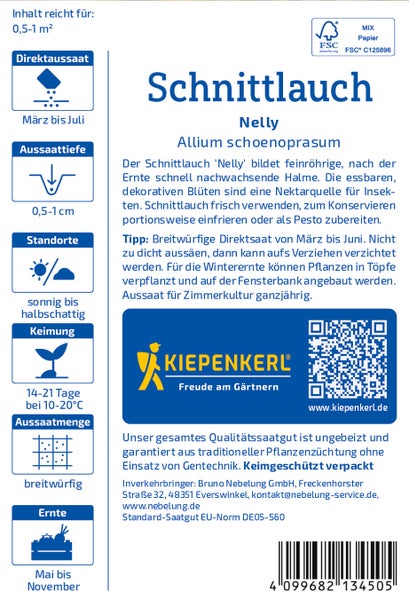 Saatguttüte Schnittlauch Nelly von Kiepenkerl mit Anbauinformationen und Hinweisen zur Aussaat sowie Erntezeit.