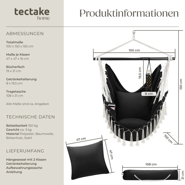 Hängesessel mit Kissen, Getränkehalter, Tasche und Tragetasche