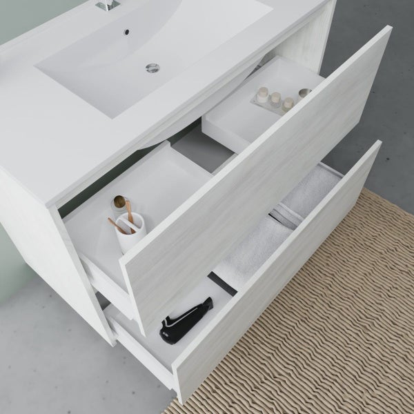 Waschtisch mit Auszügen und Stauraum für Badutensilien und Handtücher