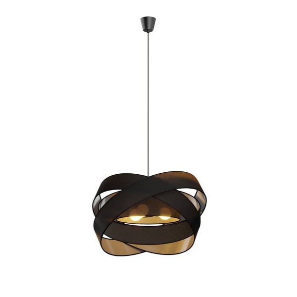 Moderne Pendelleuchte mit überlappenden, kreisförmigen Bändern, dunkler Außenseite und goldfarbener Innenseite.