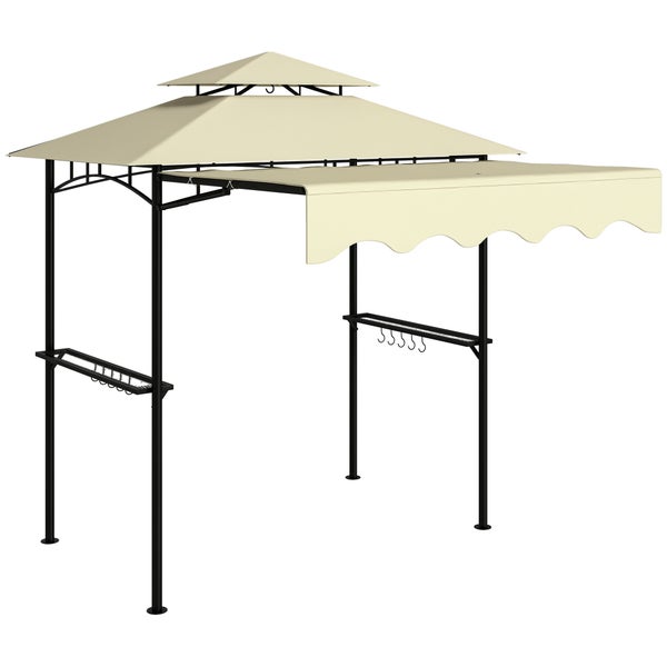 Grillpavillon mit schwarzem Stahlgestell, beigefarbenem Doppeldach, Seitenablagen, Haken und ausziehbarer Markise.