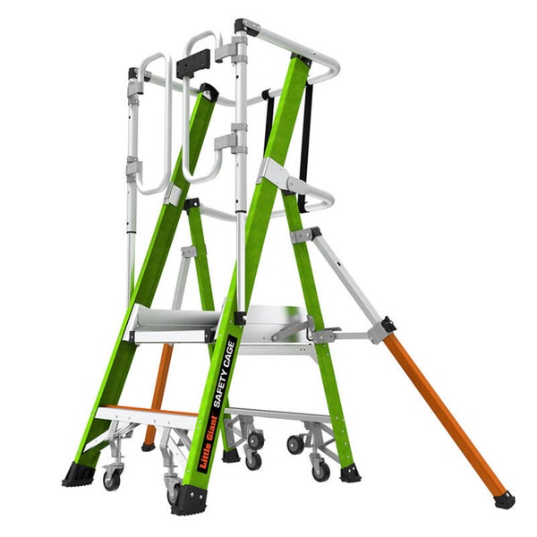 Little Giant Safety Cage Arbeitsbühne mit Sicherheitsgeländer und Rollen für sicheres Arbeiten in der Höhe.