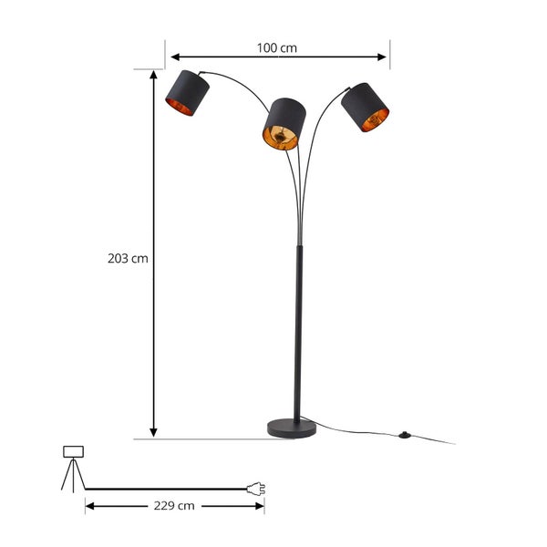 Stehleuchte mit drei Leuchtenarmen und Maßangaben