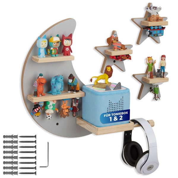 Wandregal Set in Mond und Stern Form aus Holz zur Aufbewahrung von Toniebox und Tonie Figuren inklusive Montagematerial