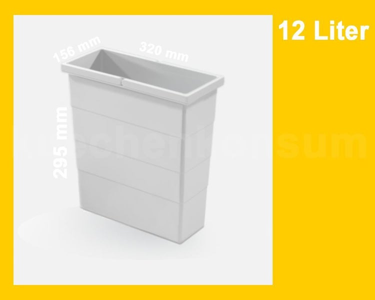 Mülleimer mit 12 Liter Fassungsvermögen, Breite 320 Millimeter, Tiefe 156 Millimeter, Höhe 295 Millimeter.