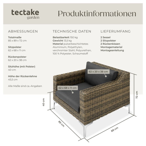 Modulares Rattanset tectake Villanova kein Aufbau 2 Sessel mit Aluminiumgestell anthrazit-meliert