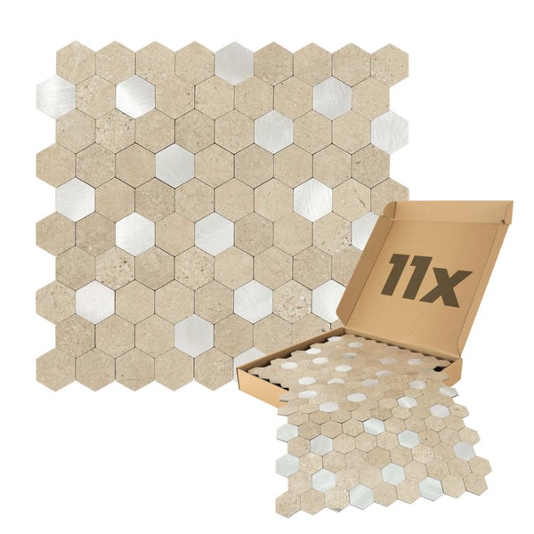 Hexagonal-Mosaikfliesen in Stein- und Metalloptik, 11er-Pack.