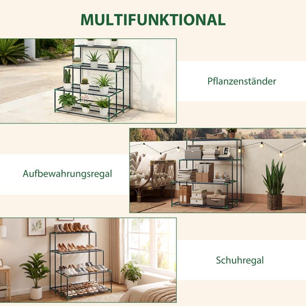 Multifunktionales Metallregal mit drei Ebenen, abgebildet als Pflanzenständer, Aufbewahrungsregal und Schuhregal in verschiedenen Wohnbereichen.