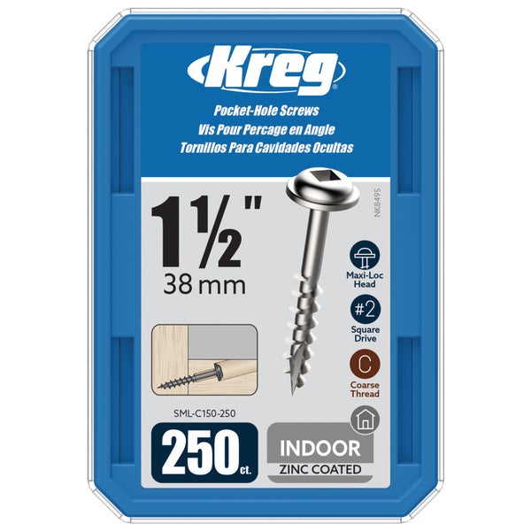 Kreg Taschenlochschrauben, 38 Millimeter, 250 Stück, Maxi-Loc Kopf, Vierkantantrieb, Grobgewinde, verzinkt, für Innenbereich.