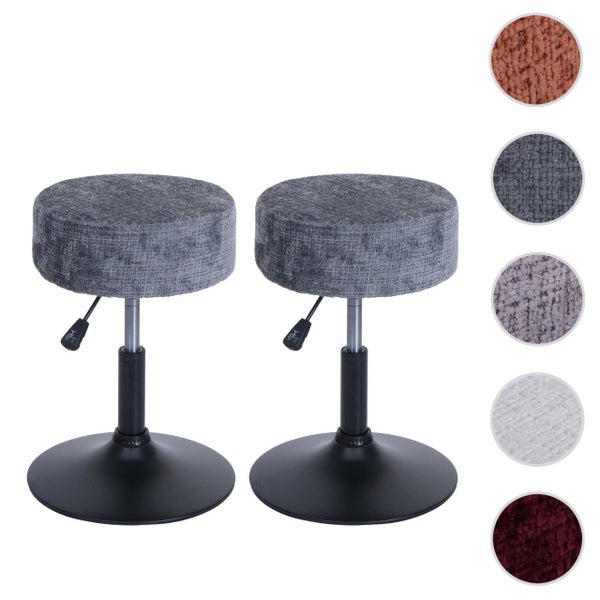 Zwei graue, höhenverstellbare Hocker mit Fuß