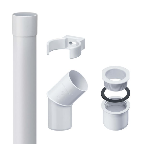 HT-Rohr-Set bestehend aus Rohr, 45-Grad-Bogen, Rohrschelle und Verschraubung mit Dichtungsring für Abwassersysteme.