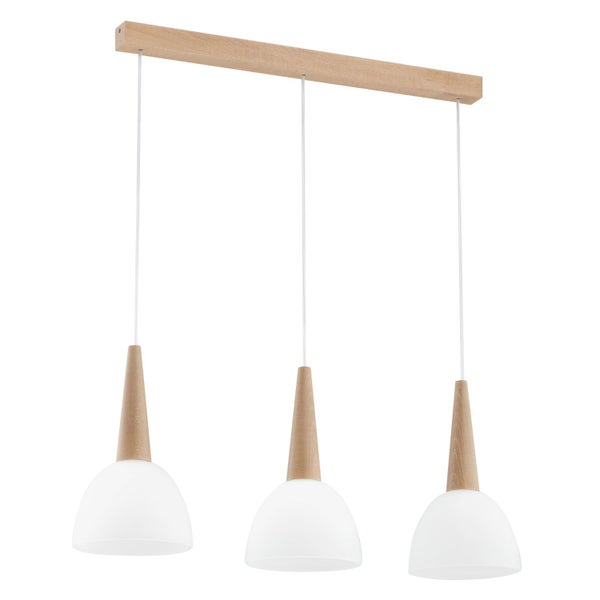 Drei flammige Pendelleuchte aus Holz mit glockenförmigen Lampenschirmen
