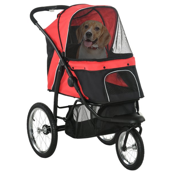 PawHut Hundewagen Hundebuggy klappbar für Hunde & Katzen bis 20 kg Katzenbuggy mit geländegängige Gummiräder Kissen Netzfenstern Türen Katzenwagen mit Aufbewahrungskorb Buggy Rot