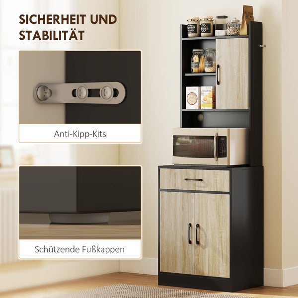 Küchenschrank in Schwarz und Holzoptik mit Mikrowellenfach, inklusive Anti-Kipp-Halterung und schützenden Fußkappen für Sicherheit und Stabilität.