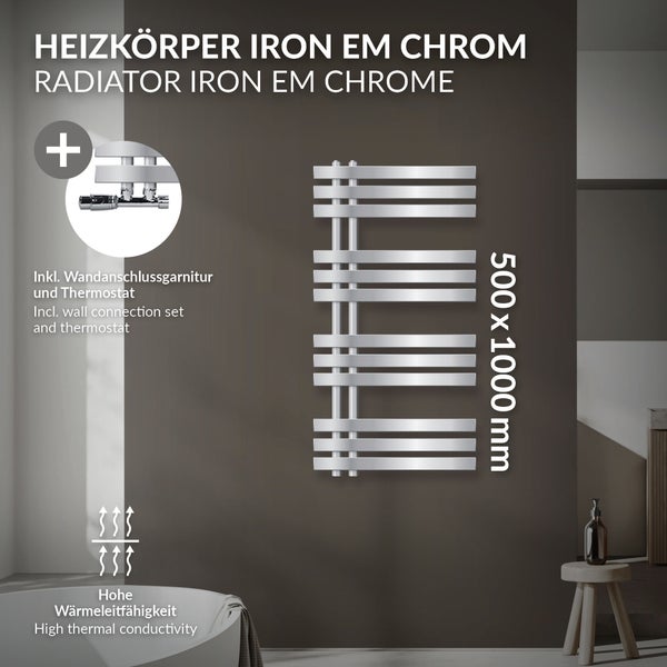 LuxeBath Badheizkörper Iron EM 500x1000 mm Chrom Mittelanschluss mit Anschlussgarnitur und Thermostat Eck Wand, Design Heizkörper Bad Heizung Handtuchwärmer Handtuchtrockner Handtuchheizkörper