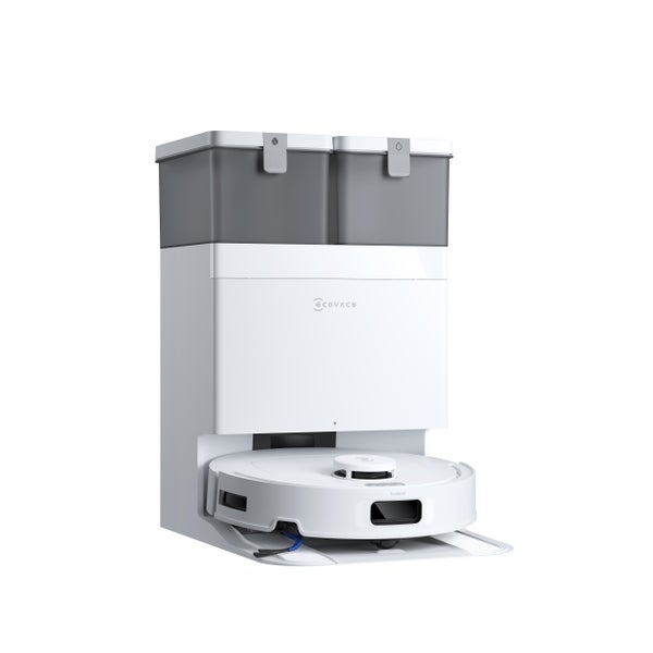Ecovacs Saugroboter mit multifunktionaler Reinigungsstation und zwei Wassertanks.