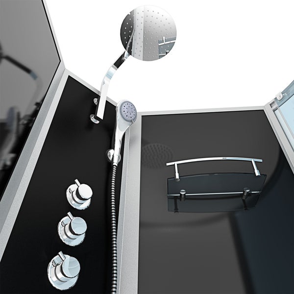 Komplettduschkabine mit integrierter Badewanne, Massagedüsen, Kopfbrause und Handbrause.