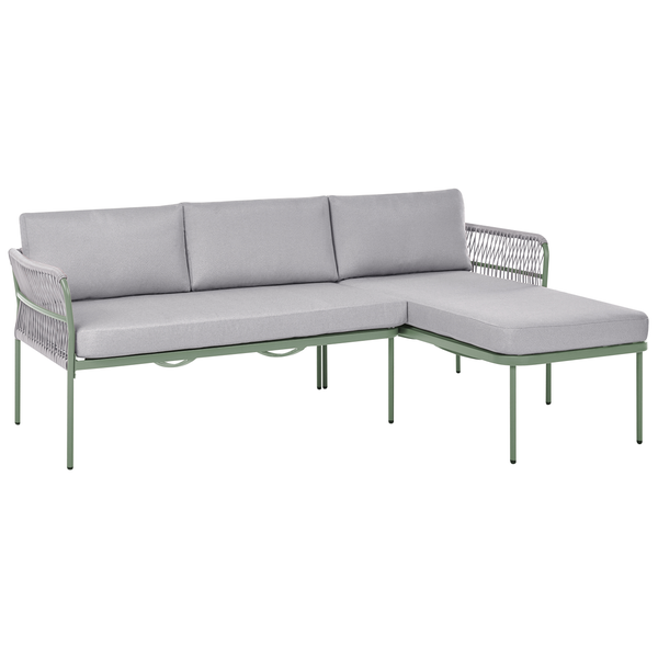 Garten-Ecksofa mit salbeigrünem Metallgestell, grauen Polsterauflagen und dekorativer Seilbespannung.