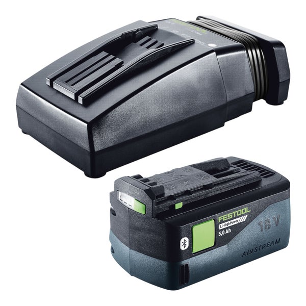 Festool Energie-Set bestehend aus einem 18 Volt 5,0 Amperestunden Li-HighPower Bluetooth-Akkupack und einem Ladegerät.