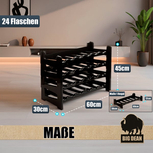 Schwarzes Weinregal aus Holz für 24 Flaschen mit den Massen 60 cm breit, 45 cm hoch und 30 cm tief
