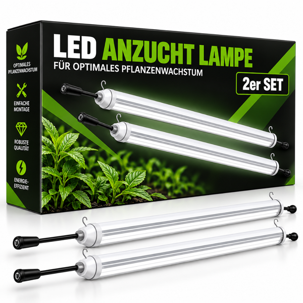 Set aus zwei LED Anzuchtlampen in stabförmigem Design mit Aufhängung für optimales Pflanzenwachstum.