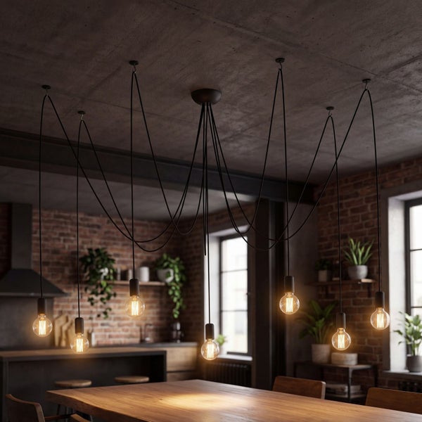 Mehrflammige Pendelleuchte im Industrie-Stil mit schwarzen Kabeln und Filament-Lampen über einem Holztisch in einer Küche mit Backsteinwand.