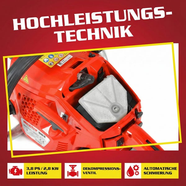 Detailansicht einer Kettensäge mit Fokus auf Motor, Dekompressionsventil und automatischer Schmierung.