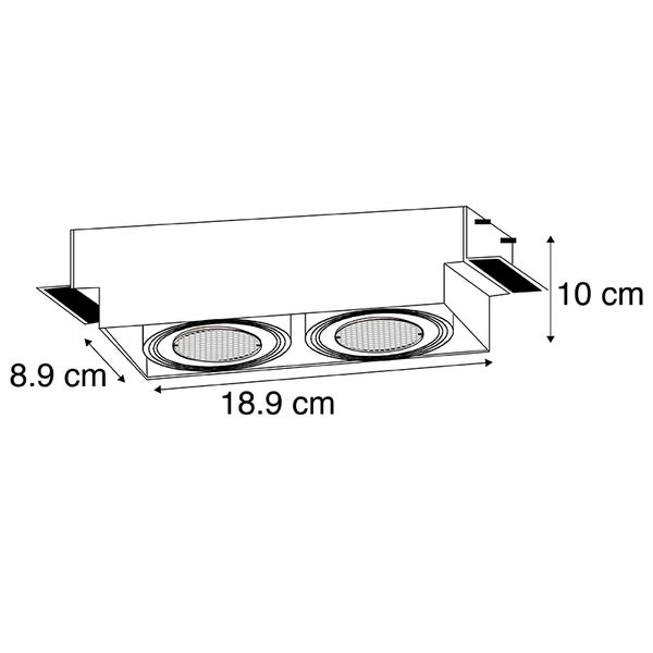 Maßzeichnung einer zweiflammigen Einbauleuchte mit den Maßen 18,9 Zentimeter Länge, 8,9 Zentimeter Breite und 10 Zentimeter Höhe.