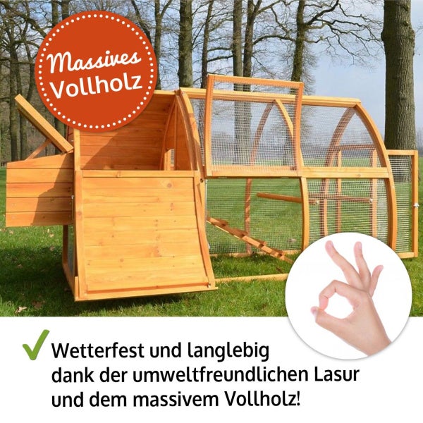 Kleintierstall aus massivem Vollholz mit Auslaufgehege, wetterfest und langlebig dank umweltfreundlicher Lasur.