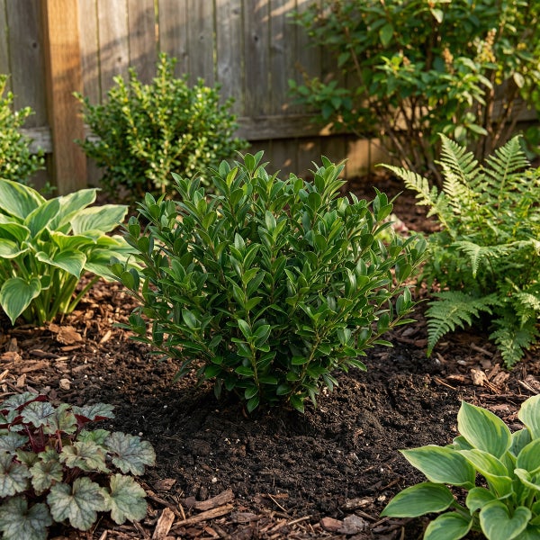 Kleiner grüner Buchsbaum in einem Gartenbeet mit Mulch, umgeben von Funkien und Farnen vor einem Holzzaun.