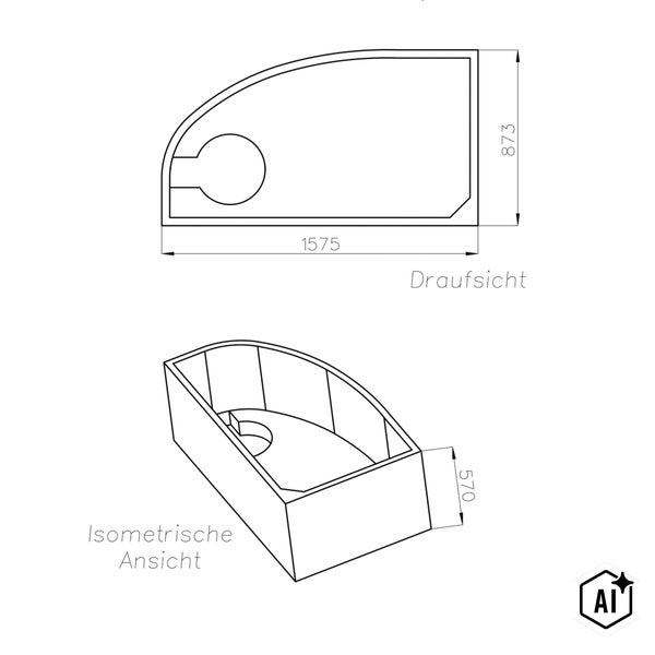 Technische Zeichnung einer Duschwanne mit Draufsicht und isometrischer Ansicht sowie Maßangaben in Millimetern.