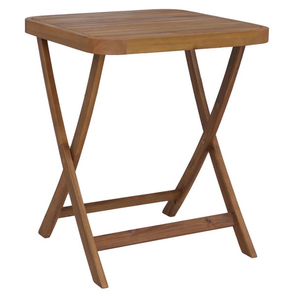 Klappbarer Beistelltisch aus Holz für den Garten mit quadratischer Tischplatte aus Holzlatten.