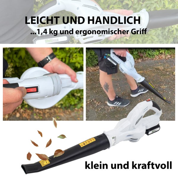 Akku-Laubbläser Trutzholm in verschiedenen Ansichten, leichtes Design mit 1,4 Kilogramm, ergonomischer Griff und einfach zu bedienender Schalter.