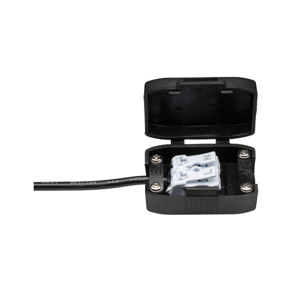 Kleine elektrische Verteilerdose mit offenem Deckel, weißer Anschlussklemme, vier Schrauben und angeschlossenem Kabel.
