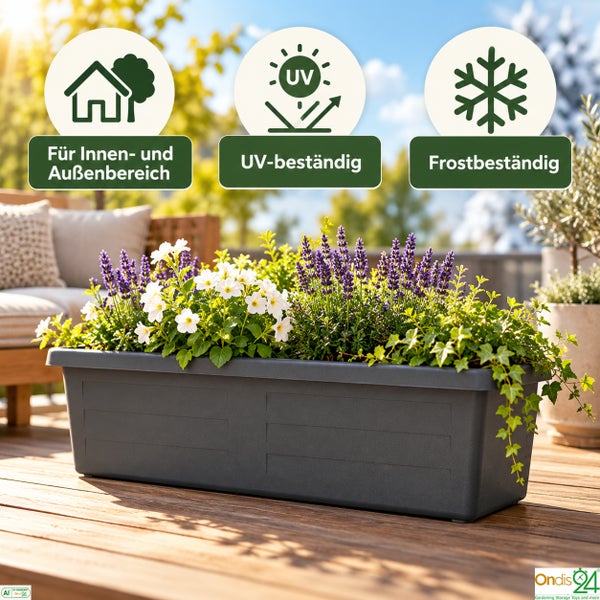 Rechteckiger Blumenkasten aus Kunststoff fuer Innen und Aussen, UV-bestaendig und frostfest, bepflanzt auf einer Holzterrasse.