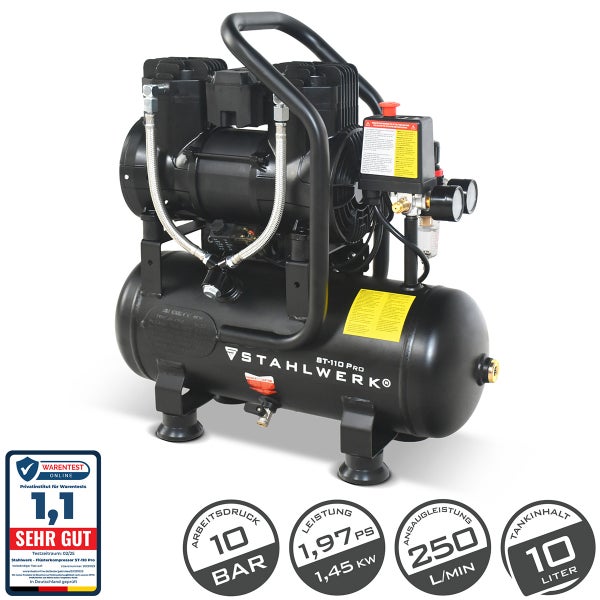 STAHLWERK Flüsterkompressor ST-110 Pro mit 10 Liter Tank, 10 Bar Arbeitsdruck, 1,97 PS Leistung und 250 Liter pro Minute Ansaugleistung.