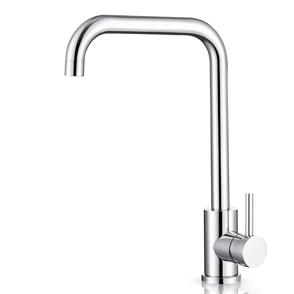 Moderne Einhebel Küchenarmatur aus glänzendem Metall mit hohem schwenkbarem Auslauf